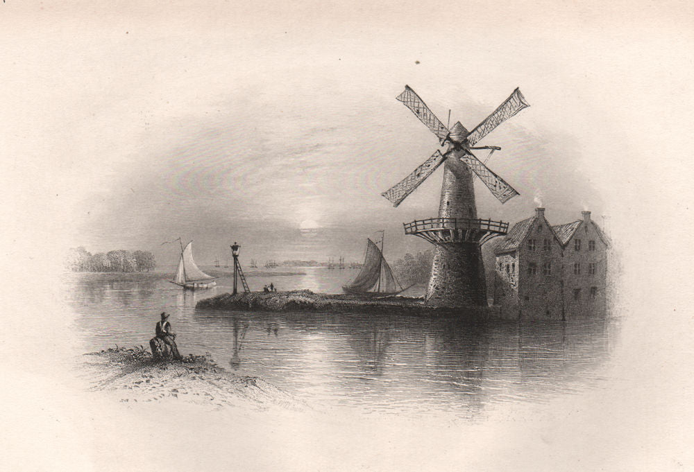 Mill on the Maas/Meuse, DELFSHAVEN, Netherlands. Pilgrim fathers. BARTLETT 1854